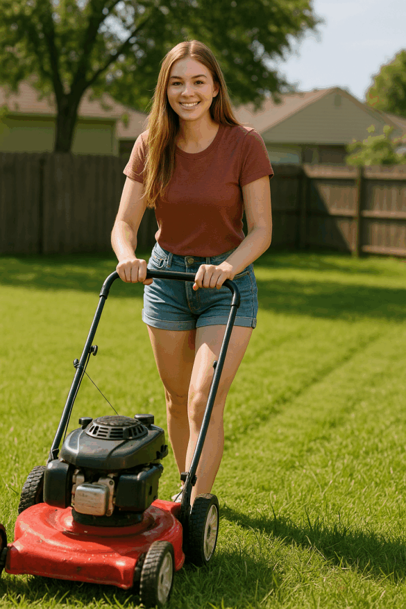 girl mowing grass